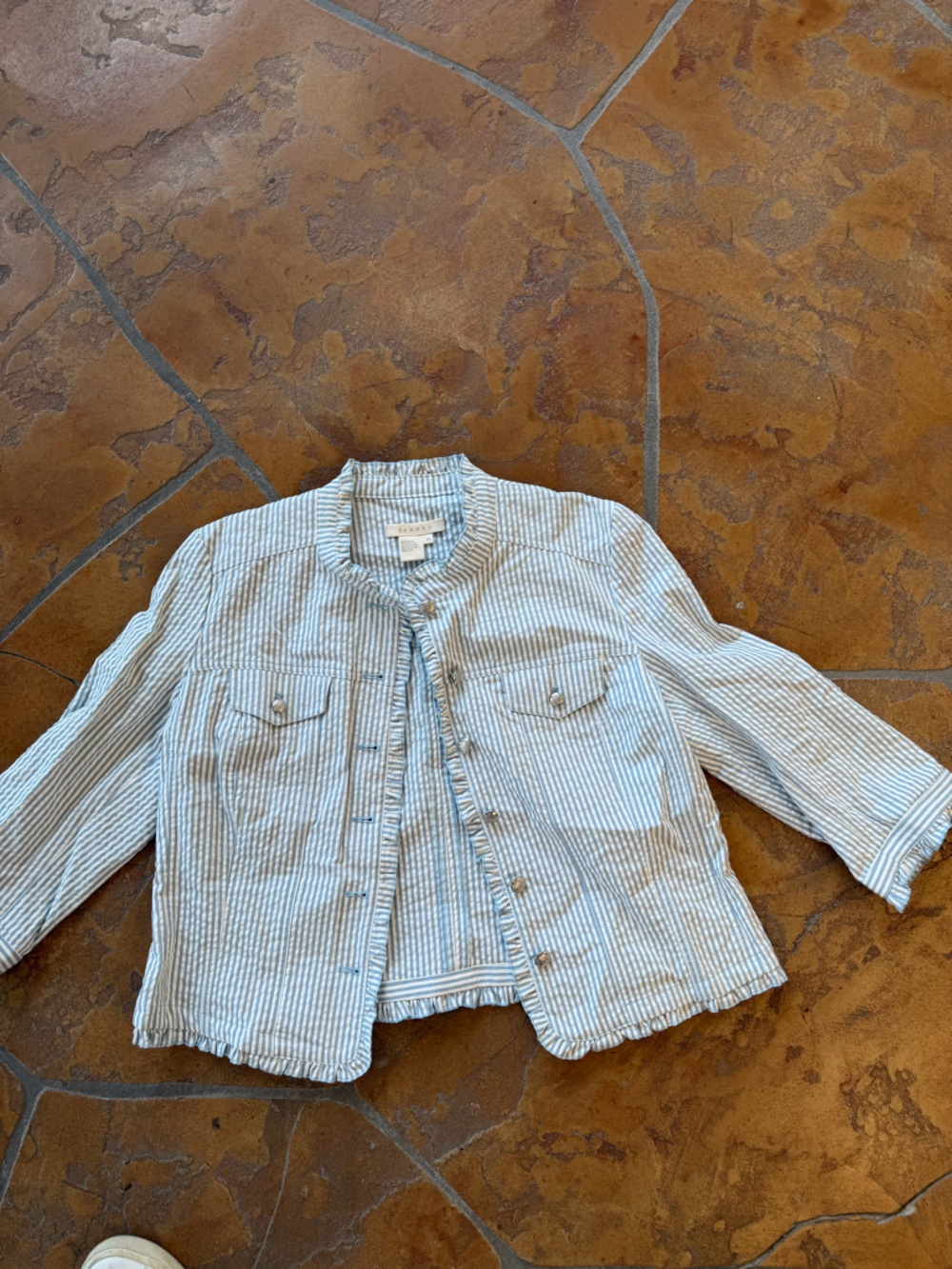 Sandro Women's Ruffled Seersucker Striped Cotton Button Up Blazer XL - Picture 2 of 8